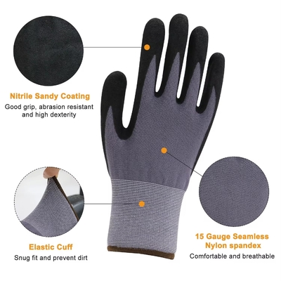 15G Nylon Spandex Sandy Nitrile Coated Gloves Work Gloves Safety Construction Nitrile Coated Gloves